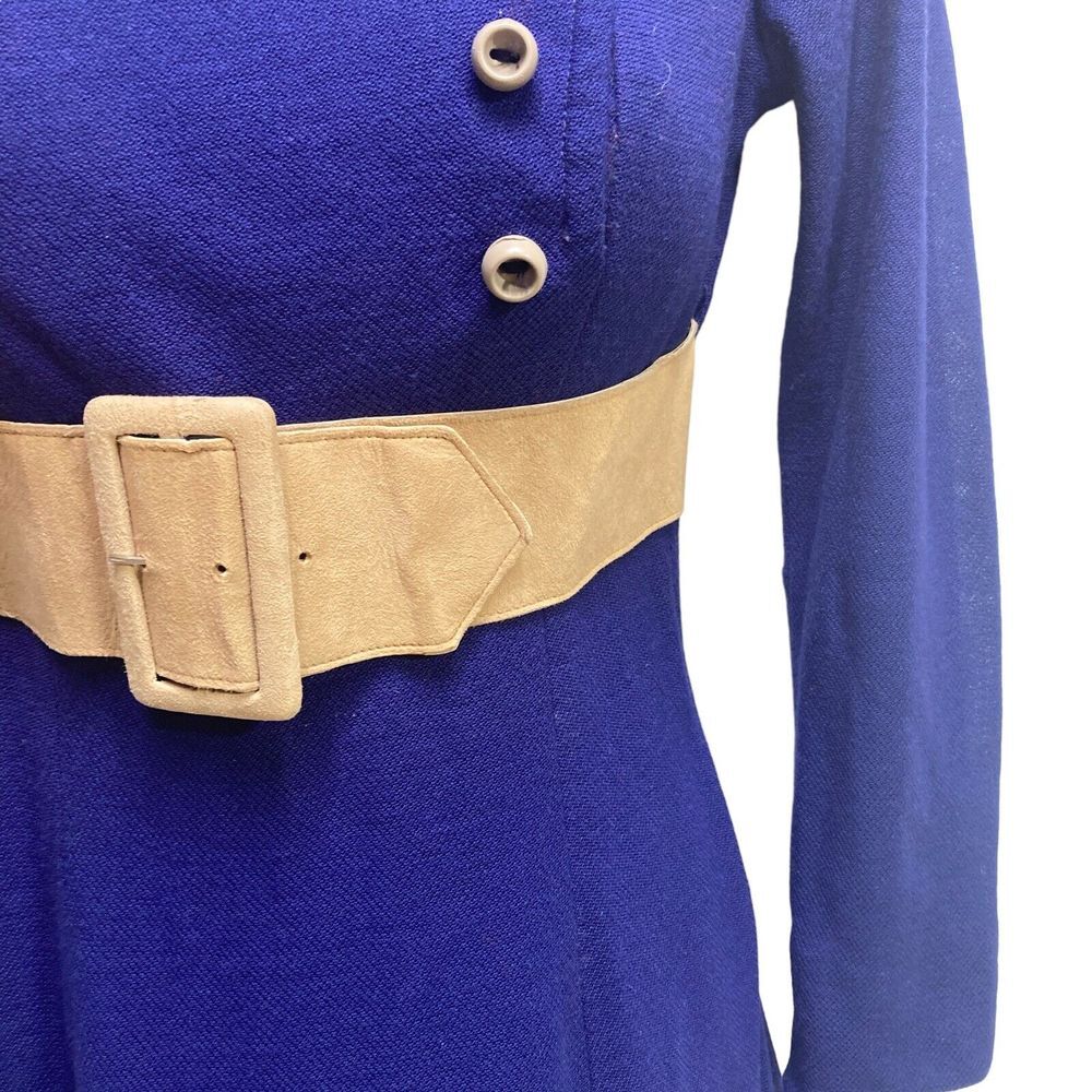 Vintage  1960s 1970s Mini Dress Size XS S Hand Tailored Belt buttons A‎ Line - Picture 4 of 15